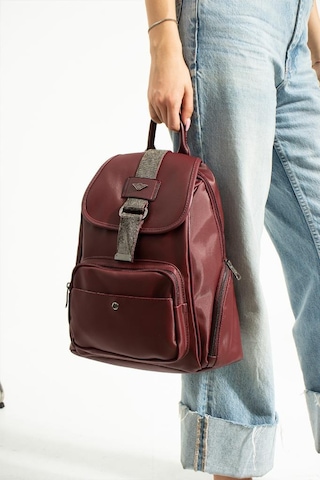 Baginn Saten Kumaş Kadın Sırt Çantası 33 23 Cm Yağmur İtici Kumaş Mega Bag Kapaklı Taşlı Model Bordo