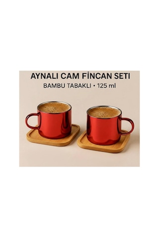 Aynalı Borosilikat Cam Türk Kahvesi Fincan Seti,kırmızı,2x125ml Bambu Tabaklı, Isıya Dayanıklı Kırmızı