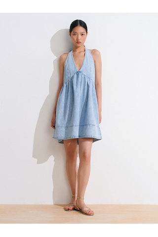 Dilvin 90571 Önü Büzgülü Mini Denim Elbise-mavi Mavi