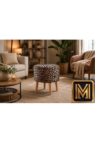 Medet Home Leopar Desenli Puf 40x40x40 Cm Dekoratif Ahşap Ayaklı Oturma Pufu Çok Renkli