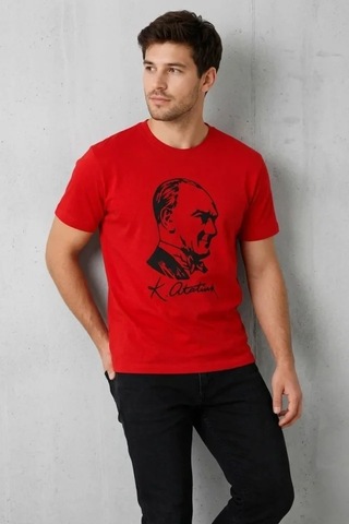 Hazego Erkek Atatürk Baskılı Tişört Kısa Kollu Bisiklet Yaka T-shirt - Kırmızı
