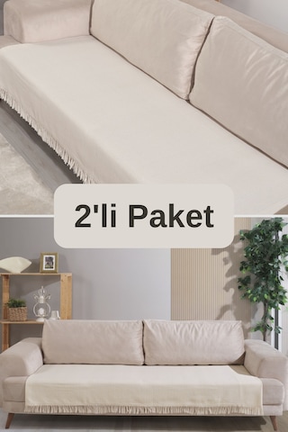 Miracolo Home Ekru Pamuklu 2'li Koltuk Örtüsü 115x200 Önden Saçaklı Çizgili Desenli