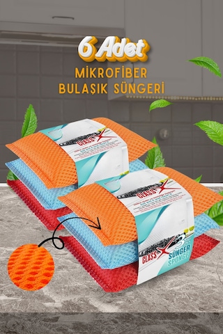 Grimorlife 6 Adet Mikrofiber Lifli Bulaşık Süngeri Dayanıklı Ve Hijyenik Temizlik Süngeri Seti