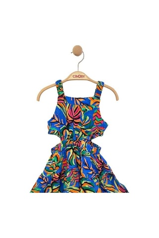 Kız Çocuk Desenli Askılı Elbise-13774 Mavi