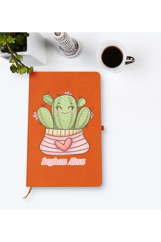 Kişiye Özel Kaktüs Tasarımlı Turuncu Termo Deri Defter Model 2