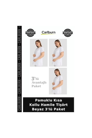 Carlburn Özel Üretim Pamuklu Kısa Kollu Hamile Tişört Beyaz 3'lü Paket Mevsimlik Pratik Konfor Beyaz-3