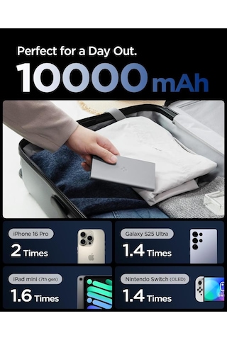 Spigen 10000 Mah Slim Alüminyum Kasa 22,5w Usb-c + Usb-a Giriş / Çıkış Hızlı Şarj 3 Portlu Powerbank / 1 Metre Type-c Harici Kablolu Taşınabilir Şarj Cihazı + Taşıma Çantası Ea2210 Gray Gri
