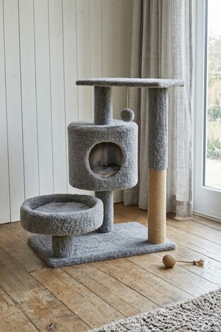 Missidea Nrs-013 Yuvarlak Teras Ve Yuvalı Kedi Tırmalama Evi Gri