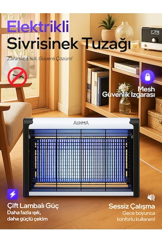 Auhma Aqm01 Çift Ampullü Elektrikli Sineklik Sivrisinek Kovucu & Yakalama Cihazı 30 M² Etki Alan