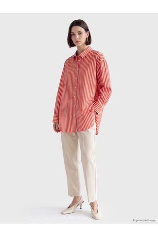 Lcw Modest Kırmızı Çizgili Oversize Kadın Gömlek Tunik