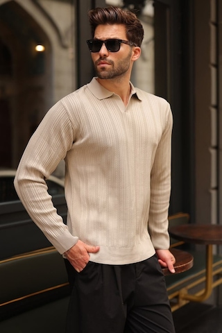 Madmext Taş Rengi Polo Yaka Desenli Over Fit Erkek Triko Kazak E7517