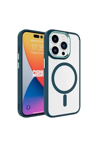 Apple Uyumlu iPhone 15 Pro Max Kılıf Wireless Şarj Özellikli Zore Krom M-safe Silikon Kapak Koyu Yeşil