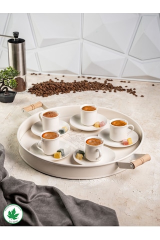 Lin Metal 37cm Yuvarlak Tepsi Ahşap Kulplu Kaktüs Baskılı - Krem