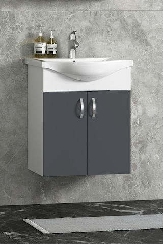 Yıldız 50 Cm Antrasit Gri Mdf Seramik Lavabolu Asma Alt Banyo Dolabı Beyaz-antrasit Gri Mat