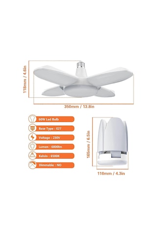 Led Garaj Aydınlatması, 60w E27 6500k 6000lm Atölye Lambası, Garaj, Depo, Atölye Ve Bodrum İçin Led Tavan Lambası