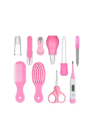 Vkemall Bebek Bakımı 10'lu Set: Burun Emici, Tarak, Makas, Tırnak Kırıcı, Dijital Termometre Ve Bakım Aletleri - Pembe Ye-th2-b