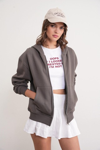 Mixray 2023 Unisex 3iplik Basic Polarlı Fermuarlı Sweatshirt Hoodie Antrasit