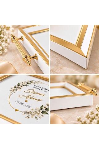 Bk Gift Kişiye Özel Beyaz&gold Söz Nişan Tepsisi-5 - 39x23 Cm Çok Renkli