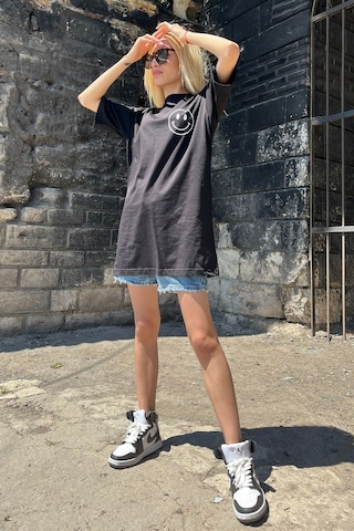 Madmext Siyah Baskılı Oversize Yuvarlak Yaka Kadın Tişört-siyah Siyah