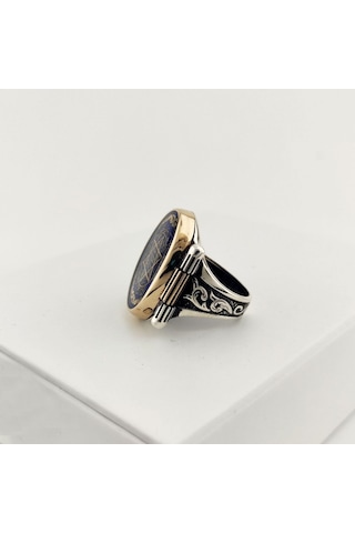 925 Ayar Gümüş Mavi Mineli Motifli Mührü Süleyman Erkek Yüzük Silver