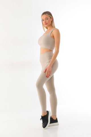 Kallima Bej Toparlayıcı Yüksek Bel Fitilli Spor Tayt-crop Takım
