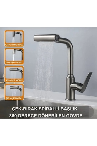 Boheme Fleko Çok Modlu Spiralli Mutfak Evye Bataryası Şelale Yağmurlama Fonksiyonel Antrasit