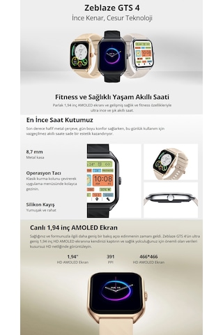 Zeblaze Gts 4 1.94" Amoled Ekran Fitness Ve Sağlıklı Yaşam Akıllı Saati (Distribütör Garantili)