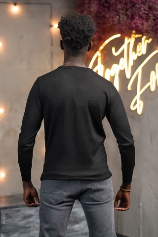 Regular Fit Yünlü Kendinden Desenli Bisiklet Yaka Triko Kazak Siyah