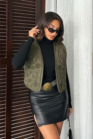 Verymoda Nakışlı Scuba Süet Yelek I F2001 Haki