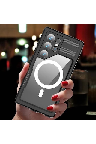 Galaxy Uyumlu S24 Ultra Kılıf Magsafe Şarj Özellikli 1-1 Su Geçirmez Kılıf - Siyah Siyah