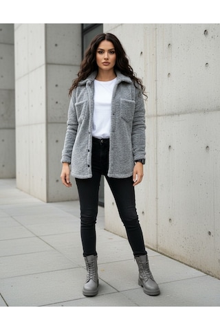 Kadın Slimfit Peluş, Polar, Düğmeli, Teddy Gömlek Yaka, Cepli, Sıcak Tutucu Yumuşak Kışlık Ceket Gri Melanj