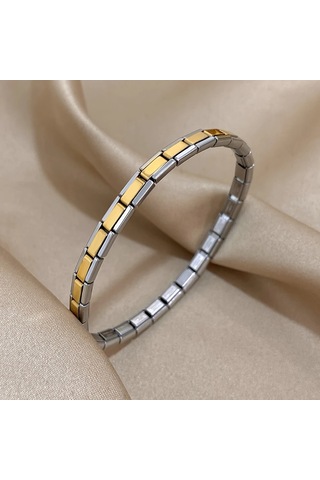 Çelik Bileklik İnce İtalyan Charm Model Unisex Erkek Kadın 3 Mm 18 Cm Ortası Altın Sarısı Kenarı Gümüş Altın - Gümüş