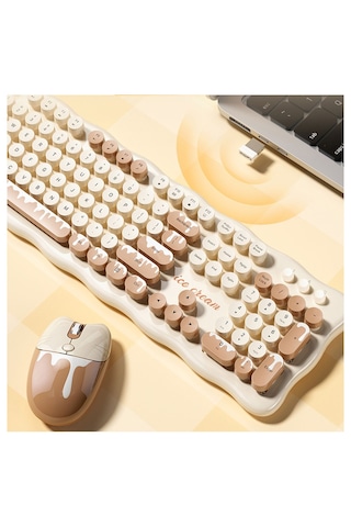 Mofıı Ice Cream Kablosuz Klavye Mouse Seti 2.4g Retro Yuvarlak Tuşlu 104 Tuş Set Optik