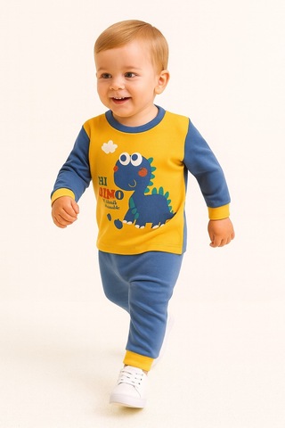 Aden Kids Erkek Çocuk Dinozor Baskılı Pamuklu Penye Pijama Takımı 0-5 Yaş Mevsimlik, Günlük Kullanıma Uygun Lacivert - Sarı