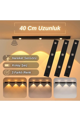 Sensörlü Şarjlı Dekoratif Gece Lambası Mutfak Mıknatıslı 3 Farklı Işık Renk 40cm Şerit Led Çok Renkli
