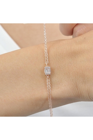 Mia Vento Pırlanta Montür Minimal Dörtgen Baget Rosegold Gümüş Bileklik