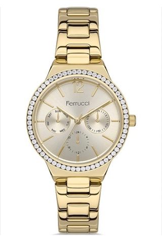 Ferrucci Gold Renk Çelik Zirkon Taşlı Kadın Kol Saati+bileklik Gold