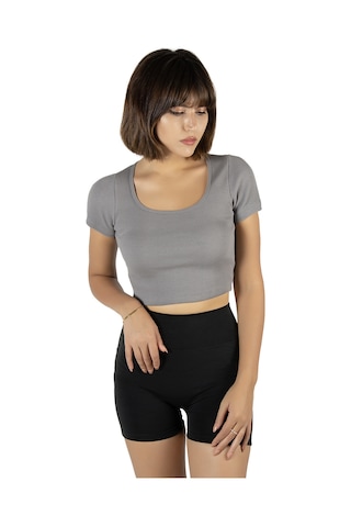 Terapi Men Gri Havuz Yaka Fitted/vücuda Oturan Kısa Kol Crop Tişört Gri