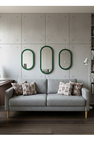 3 Lü Oval Duvar Aynası / Yeşil Dekor Oval Ayna -dekoratif Ayna Seti Yeşil