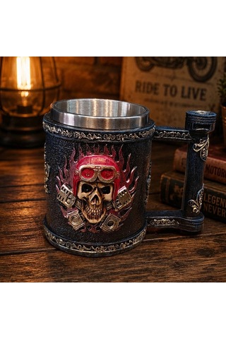 Kuru Kafa Motorcu Tasarımlı Metal Kupa Bardak Özel Gün Objesi Sürpriz Hediye Çok Renkli