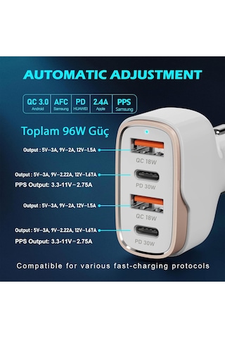 Mt36 4 Portlu Type-c Usb Araç Hızlı Şarj Çakmaklık Adaptörü Toplamda 96w Şarj Gücü Qc 3.0 18w Pd 30w Turbo Ş
