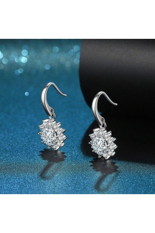 Beyaz Bagueringen Kadın Ayar Gümüş 925 Takı 1 Karat Mozanit Pırlanta Damla Küpe Ayçiçeği Şekilli Kulak Damlası Hediye