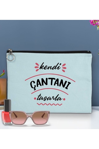 Bk Gift Kişiye Özel Kendin Tasarla Astarlı Portföy Açık Mavi Çanta 30x21cm, Baskılı El Çantası, Organizer Çanta
