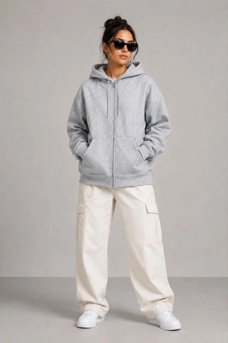 Velmora Fashion Kadın 3 İplik Şardonlu Tam Fermuarlı Kapüşonlu Arka Çanta Detaylı Sweatshirt - Gri