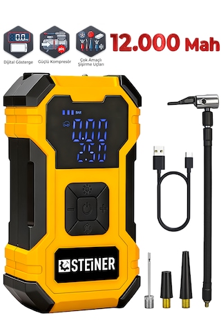 Steiner 12.000 Mah Dijital Ekranlı Kablosuz Lastik Hava Pompası Şarjlı Hava Kompresörü Powerbank Led Işık Sarı
