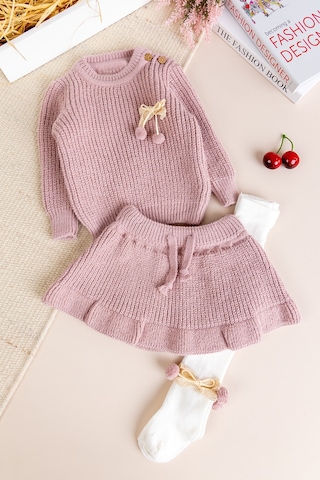 Babymod Triko Yumuşak Dokulu Kız Bebek Kazak Etek Çorap Takım Set Gülkurusu
