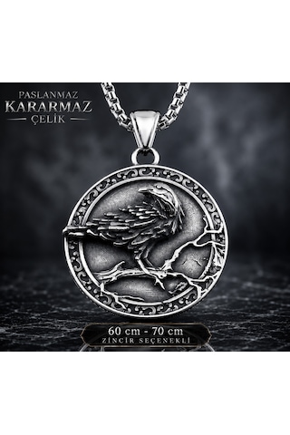 Paslanmaz Çelik Çift Taraflı Tasarım Vegvisir Rune Viking Kuzgun Kolye