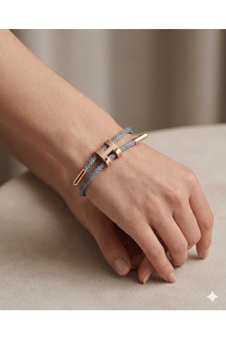 Unisex H Model Gold Renk Çelik Detay Gri İp Bileklik