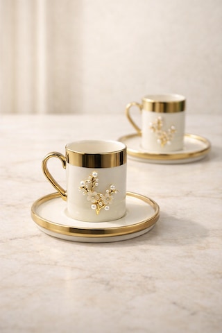 2 Kişilik Lüks Beyaz Gold Yaldızlı İnci Lotus Kahve Fincan Takımı Seti 100ml