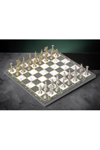 Lüks Metal Satranç Takımı Krom Kaplama Roma Ordusu Figür & Zümrüt Yeşili Mermer Desenli Tahta 20 Cm.